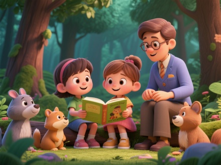 两个小朋友一男一女，还有几只小动物一起坐在森林里听老师读故事书，3d卡通风格