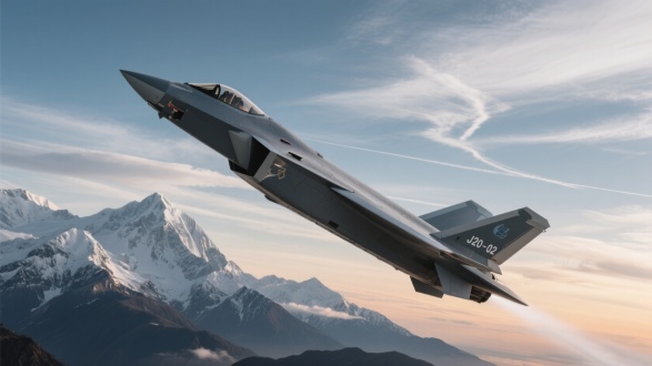 歼20大仰角机动，喜马拉雅雪峰对角构图，远距广角，微距特写，平流层暮光，云层速度线，“J20 - 02”编号，写实军事摄影。 