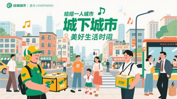 给一个城市做一张城市海报，表达城市下健康美好的生活状态。背景是各种生活场景场景是城市中的建筑，道路，家庭，各种店面，人和场景的互动。例如：听音乐的学生，带孩子玩乐的父母，送外卖的外卖员，等公交的人，街边剪头发的青年人，打电话的商务人士等 城市场景大一些
