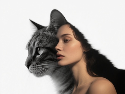 Create a captivating double-exposure artwork featuring the cat at dusk seamlessly merged with the enigmatic silhouette of an beauty . Soft warm tones illuminate the cat, blending harmoniously with the beauty. simple background, white background, monochrome, greyscale, from side, profile, animal, cat, realistic, animal focus