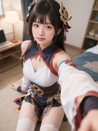 自拍，私房，十八岁的东方女孩，身穿永劫无间游戏里面胡桃的cos的衣服，面容可爱带点性感，白皙，自下往上的视角，整体看上去像是在家里自拍一样
