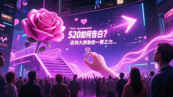 1. 核心主题关键词
中文：520如何告白？这块大屏助你一臂之力  
英文：  
`"How to confess 520? This big screen will lend you a helping hand"`  

---

2. 裸眼3D视觉元素 
中文：  
- 巨型3D玫瑰  
- 悬浮立体爱心阶梯  
- 文字“520如何告白？这块大屏助你一臂之力”冲出屏幕  
- 逼真手部伸向观众递戒指  

---

3. 动态氛围关键词 
中文：  
- 粒子光效汇聚成箭头指引  
- 霓虹光带流动环绕  
- 路人仰头惊叹的反射光影  
- 心跳脉冲震动特效  

英文：  
`"particle light arrows guiding viewer", "flowing neon light ribbons", "crowd looking up with awe reflections", "pulsing heartbeat shockwave effect"`  

---

4. 风格与色调  
中文：赛博朋克浪漫、荧光粉紫渐变、未来金属质感、8K超现实细节  
英文：  
`"cyberpunk romance style", "electric pink-purple gradient", "futuristic metallic gloss", "8K hyper-detailed surrealism"`  

---

5. 交互创意细节  
中文：  
- 扫码触发AR烟花按钮  
- 实时弹幕告白飘过屏幕  
- 3D卡通月老竖大拇指  

英文：  
`"QR code triggering AR fireworks", "live comment love messages floating", "3D cartoon Cupid giving thumbs up"`  

---

完整Prompt示例（英文）
```  
"An ultra-realistic anamorphic 3D billboard in Times Square, a giant hyper-detailed rose bursting through the screen towards viewer, holographic heart staircase leading to text '520 MARRY ME' in popping-out metallic letters, cyberpunk pink-purple neon lights glowing, crowd of people with amazed expressions reflecting the lights, particle effects forming guiding arrows, 8K cinematic rendering, unreal engine 5, trending on ArtStation."  
```  

---

效果强化技巧 
1. 视角：添加 `"low angle view"`（仰视）增强立体压迫感  
2. 材质：关键词 `"glass refraction", "metallic caustics"`（玻璃折射/金属焦散）提升真实感  
3. 动态：`"motion blur on floating elements"`（漂浮元素动态模糊）  
突出文字

