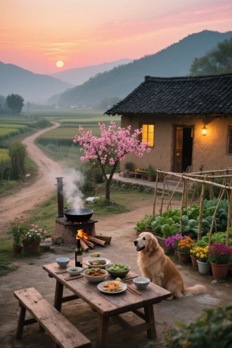 黄昏时分，乡村小院全景。土坯房屋，黑瓦屋顶，屋内暖黄灯光透出。院中有绽放粉色花朵的树，旁边是用竹架支撑的蔬菜种植区，点缀多彩花卉盆栽。露天土灶上铁锅冒烟，木柴燃烧。质朴木桌配长凳，摆着多样农家菜肴、一瓶酒、碗筷。一只金毛犬在桌旁。院外是蜿蜒土路，延伸向大片田野，远处山峦在夕阳余晖中朦胧，天空染橙粉渐变色彩，氛围温馨惬意、闲适宁静。