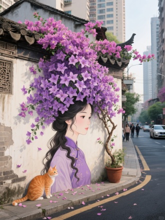 这是一幅侧面创意的墙绘，在一条街道边。墙绘在一面老旧宫廷古风的围墙上。墙绘的主体是一位中国风少女的形象，头发丝流畅，呈现出微卷的状态，大量的茂盛三角梅花构成，紫色的三角梅花朵密集密密麻麻，层层叠叠花枝延展开来，花朵包裹着少女的头顶。花朵从墙顶倾泻而下，仿佛给少女带上了一点绚丽的花帽子。底下有花瓣散落一地，花枝延展到墙上。左侧一只花色的橙猫。花盆在右边，背景是高楼，地面由沥青铺成，沥青路上有车辆，路边有行人在路上散步，超广角