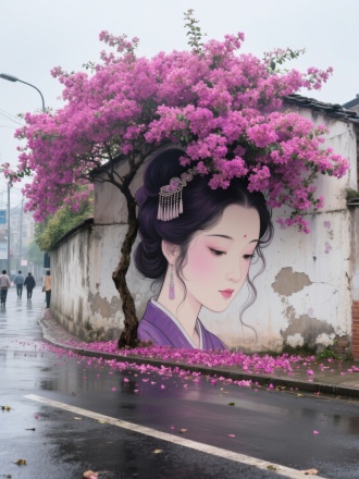 这是一幅正面创意的墙绘，斑马路对面一面破旧的矮墙上，墙绘的主体是一位古代美女的形象，头发丝流畅，头发挽起，呈现出微卷的状态，佩戴着漂亮的流苏头饰，眼神单纯可爱，眼睛往下看，美女的头发部分由大量的茂盛的玫红色紫薇花构成，这棵开满紫色花朵的树，位于矮墙之后，花朵真实清晰，树冠从墙后伸展而出，花朵密集，密密麻麻，屋屋叠叠，花枝延展开来，花朵包裹着女孩的头顶，花朵从墙顶倾泻而下，仿佛给少女带上了一点绚丽的花帽子，繁茂玫红色花朵，花朵数量众多，覆盖头发和部分脖颈区域。花朵象是从女子的头上长出来一样。
背景是街道，前景是宽阔道路，道路上有几个行人，地面是宽阔的柏油路，玫红色紫薇花花瓣铺满地，墙面无落叶，远景，超广角镜头，8k高清显示花朵纹路，真实高清写真质感，大师级真实拍摄效果，地面湿漉漉的。