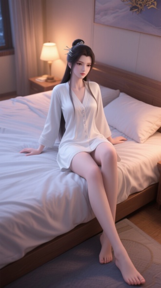 国漫斗破苍穹云韵，穿白睡衣赤足坐床上翘腿，卧室暖光，低角度，3D渲染，对角线构图，梦幻色调，闲适。 