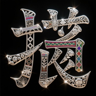 以苗族银饰为灵感的汉字字体设计，要求每个笔画中融入丰富多样的苗族传统花纹（包含服饰几何纹、植物纹等），有明显的层次感（底层简单纹样 + 上层复杂錾花纹样） ，部分花纹呈现动态高光闪烁效果，整体风格精致华丽，背景为黑色。