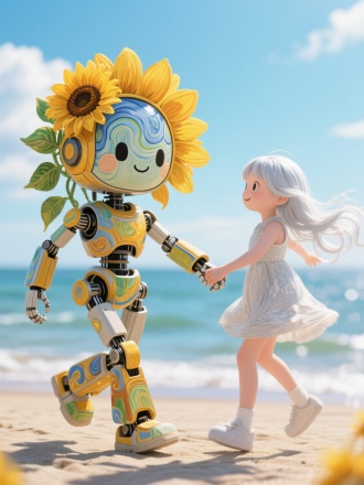 一个向日葵装饰的梵高风格机器人，另一个银白色长发飘逸的女孩，手拉手翩翩起舞，表情萌萌哒超可爱。背景虚化，夏天海边，蓝天白云，暖阳阳。