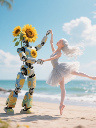 一个向日葵装饰的梵高风格机器人，另一个银白色长发飘逸的女孩，跳双人芭蕾舞，机器人托举动作，女孩挥鞭转动作，动作和表情萌萌哒超可爱。背景虚化，夏天海边，蓝天白云，暖阳阳。