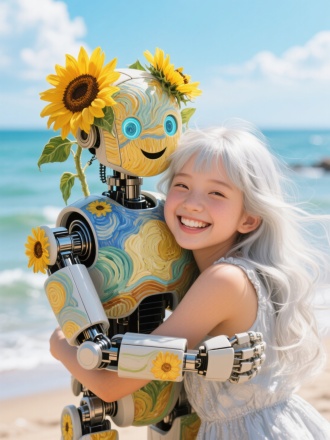 一个向日葵装饰的梵高风格机器人，另一个银白色长发飘逸的女孩，女孩拥抱机器人，机器人高兴微笑，萌萌哒超可爱。背景虚化，夏天海边，蓝天白云，暖阳阳。