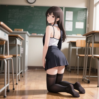 西装吊带内衬配短裙，长筒袜穿着的年轻貌美女孩，微微抬头，小嘴微张，表情妩媚，俯身跪在教室的地板上，俯视，侧后视图，动漫