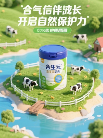 合生元粉罐在一个牧场的小岛里面；岛里青青草原，奶牛， 标语：合生元奶粉，元气伴成长开启原生保护力，画面的KV海报，整体风格为微观画面，