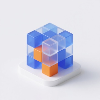 超精细3D图标设计，数据结构图标，极简主义工业美感，核心元素：晶格化嵌套立方矩阵/ 采用蓝橙双色对比系统，91%白色基底 + 9%高饱和色块碰撞，光面亚克力材质渲染，原子级结构精度，黄金分割拓扑构造+立体布尔运算切口，等距透视构图，企业级SaaS界面适用设计，无纹理纯白背景