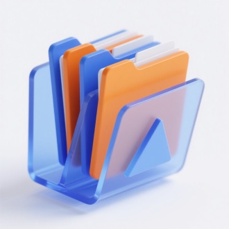 超精细3D图标设计，文件管理图标，极简主义工业美感，核心元素：晶层叠交错三角棱文件架，采用蓝橙双色对比系统，91%白色基底 + 9%高饱和色块碰撞，光面亚克力材质渲染，原子级结构精度，动态重叠公差0.5mm+智能投影吸附系统，等距透视构图，企业级SaaS界面适用设计，无纹理纯白背景