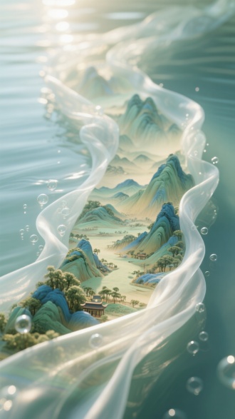 超现实主义风格，淡彩层染。水墨。水底一条透明绸缎，展现立体微缩景观的《千里江山图》，阳光照在绸缎上，有水泡升起，梦幻唯美意境，丁达尔效应，逆光，散射光，渐变，三维古风，极简构图，光影交错，色彩层次渐变，电影级质感。比例 9:16。