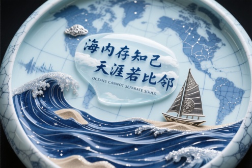 "海内存知己，天涯若比邻"/"OCEANS CANNOT SEPARATE SOULS"，[行草题韵融合青花水文]，[天青色瓷釉底流淌星轨纹路]，[环形布局暗合地球经纬]，[笔触拖尾如潮汐进退轨迹]，[银粉洒金模拟浪尖碎光]，[半透明琉璃字腔透出云影]，[陶瓷冰裂纹中浮现金沙岛屿]，錾刻工艺勾勒帆影孤鸿，潮声频谱图隐现留白处，澄澈友情跨越时空的共振，杰作