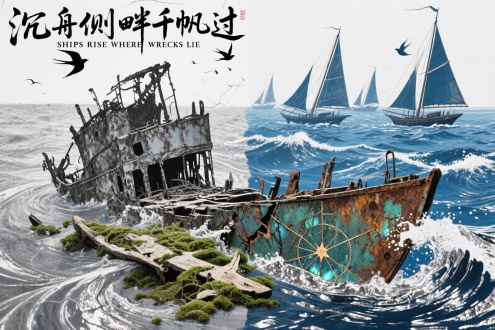 "沉舟侧畔千帆过"/"SHIPS RISE WHERE WRECKS LIE"，[行草题韵碰撞水墨拓印]，[青灰碳化纹理叠加深海漩涡]，[左半枯笔焦墨凝成沉舟残骸]，[右半靛蓝飞白化作千帆竞流]，[锈蚀金属肌理与浪涌珠光共生]，[甲骨裂纹中透出航海星图]，[苔藓绿植沿笔锋裂隙攀爬新生]，飞鸟剪影掠过斑驳船帆，浪花飞溅处银箔烫印，铜绿锈迹与琉璃光泽对撞，破立之间的时空张力，杰作