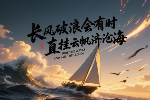 "长风破浪会有时，直挂云帆济沧海"/"RIDE THE WAVES AND SAIL THE CLOUDS"，[行草题韵风格融合光韵夜影]，[水墨海浪与金色云霞渐变背景]，[动态斜向排版如帆船破浪]，[毛笔飞白与霓虹光效交织]，[豪迈激昂的进取氛围]，[传统书法美学与现代光影的惊艳碰撞]，杰作