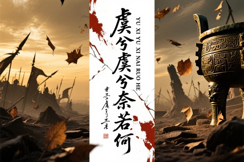 "虞兮虞兮奈若何"/"YU XI YU XI NAI RUO HE"，[行草题韵风格融合狂放书艺]，[暗金色调水墨背景/黄昏战场废墟场景]，[传统书法竖式排版结合现代留白]，[飞白墨迹与斑驳朱砂纹理交织]，[楚汉悲歌的苍凉史诗感]，[青铜器铭文质感叠加深秋残叶元素]，[笔触蕴含千年悲怆的书法肌理]，[枯笔技法勾勒霸王别姬的时空撕裂感]，杰作