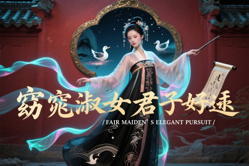 书写字体"窈窕淑女君子好逑"/"FAIR MAIDEN'S ELEGANT PURSUIT"，[行草题韵交织光韵夜影]，[朱墙黛瓦衬流云汉服广袖]，[霓虹丝线刺绣出篆文纹样]，[裙摆墨韵晕染成鹊桥星汉图]，[发间步摇投射全息竹简投影]，[绸带飘舞轨迹凝成瘦金体笔锋]，[背景悬浮青铜镜框住数码水墨鸳鸯]，[袖口延展洛神赋图卷轴残影]，[传统服饰与赛博书法的量子纠缠美学]，杰作