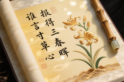 字体书写（"谁言寸草心"/"报得三春晖"），[行草题韵叠加刺绣光影]，[鹅黄色渐变丝绢底纹]，[竖排书法如新芽破土生长]，[笔画末端延伸出萱草花丝]，[春晖以鎏金烫染工艺呈现]，[蚕丝纸肌理透出古籍水印]，[光斑粒子在字间流动如晖光]，传统装裱配玉竹轴头，温润感恩氛围，东方含蓄美学，杰作