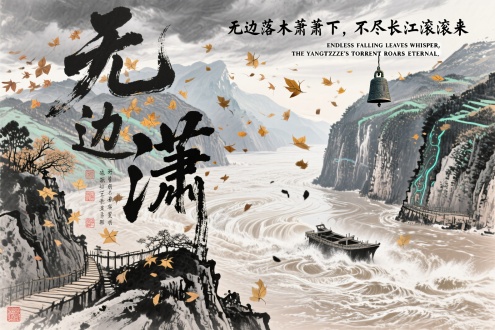 "无边落木萧萧下，不尽长江滚滚来"/"ENDLESS FALLING LEAVES WHISPER, THE YANGTZE'S TORRENT ROARS ETERNAL"，[狂草笔意交织水墨气韵]，[铁灰云层压暗金枫漩涡]，[枯笔飞白凝成飘零秋叶矩阵]，[浓墨泼溅幻化惊涛裂岸形态]，[字间隐现夔门栈道全息残影]，[笔锋转折处浮凸《水经注》三维河脉图]，[墨色氤氲中悬浮青铜编钟声纹涟漪]，[背景流淌北宋青绿山水数码粒子流]，[天地肃杀与江河奔涌的量子纠缠美学]，杰作