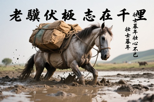 书写（"老骥伏枥志在千里"/“壮士暮年壮心不已"），元素：疲惫的马深陷泥潭，背负货物，但依然努力向上挣扎