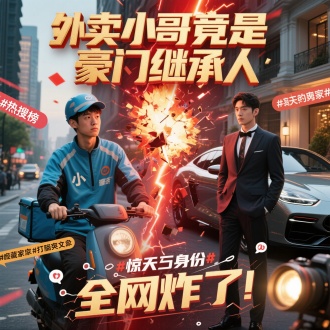 左侧：身穿外卖制服的年轻小哥（阳光但略显疲惫的形象），背景是城市街道或电动车。
右侧：同一人换上高定西装，站在豪宅/豪车旁（反差感拉满）。
中间：用闪电或爆炸特效分割画面，突出身份转变的冲击力。
标题文字：

主标题：“外卖小哥竟是豪门继承人”（加粗+立体字效果，亮金色/红色渐变）
副标题：“全网炸了！”（碎裂字体或爆炸气泡特效，增强戏剧性）。
氛围点缀：

背景加虚拟“热搜榜”弹幕：#惊天身份# #隐藏富豪# #打脸爽文#
角落放闪光灯/相机元素（象征媒体曝光）。