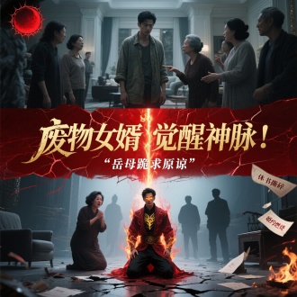上半部分：落魄女婿（衣着朴素，表情隐忍）被岳母/亲戚指指点点，背景是豪门别墅内景（体现压迫感）。
下半部分：同一人觉醒后（瞳孔泛金光，周身缭绕神纹或火焰），岳母跪地颤抖，周围人震惊倒退。
中间分界：用觉醒的能量爆发特效（如红色/金色光柱）分割画面，形成强烈对比。
标题文字：

主标题：“废物女婿觉醒神脉！”（暗红底色+鎏金字体，带裂纹效果）。
副标题：“岳母跪求原谅”（白色粗体+阴影，背景加跪地剪影增强冲击力）。
细节强化：

角落添加“休书撕碎”“婚约燃烧”等元素（暗示前期屈辱）。
地面裂痕或家具翻倒（表现力量爆发）。
配色方案
前期压抑：灰蓝色调（女婿部分）。
后期爆发：赤金+黑红（威压）。
标题：用红月或荆棘边框包裹，突出复仇感。