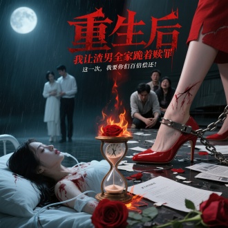 左半侧：
女主浑身是倒在雨夜（或病床插管），渣男搂着白月光冷笑离去，背景模糊处理。
右半侧：
同一女主红唇高跟鞋踩碎离婚协议，背后渣男全家跪地发抖，法院传单/破产新闻散落一地。
用红色玫瑰或锁链元素连接左右画面，象征命运改写。
2. 标题设计

主标题：
“重生后，我让渣男全家跪着赎罪”
字体：尖锐哥特风+渐变红渍效果（首字“重”用火焰燃烧特效）。
副标语：
“这一次，我要你们百倍偿还！”（手写潦草字体，如刀刻痕迹）。
3. 细节彩蛋

背景暗藏“重生时间倒流”特效（沙漏/时钟碎片）。
渣男手腕戴着手铐，白月光妆容花裂（暗示人设崩塌）。