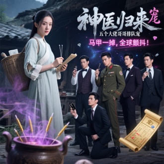  主画面构图（左右/上下对比）

左侧/上部：
女主身穿素雅中医服（或朴素现代装），手持银针/古医书，眼神清冷坚定，背景可以是山村/破旧药堂。
细节：袖口破损、药篓背筐（突出“隐居归来”感）。
右侧/下部五位风格迥异的霸总哥哥（可差异化设计：西装冷面总裁、军装硬汉、顶流明星、黑客天才、金融巨鳄）环绕女主，或单膝跪地递上黑卡/豪车钥匙。
细节：每人手持不同“宠妹道具”（合同/钻石/黄金/键盘/股票走势图）
2. 标题文字设计

主标题：
“神医归来，五个大佬哥哥排队宠”
字体：毛笔书法（神医）+ 现代金属质感，"宠"字可放大加粉钻特效。
副标：
“马甲一掉，全球颤抖！”（荧光霓虹灯效果，背景加爆炸星云）。
3. 氛围强化元素

神医线：药炉紫烟、金色针芒、古方卷轴漂浮。