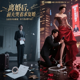 主画面构图（左右对比）

左侧：女主冷脸甩下离婚协议，背景是空荡的豪宅/雨天，前夫（西装精英男）表情错愕。
细节：破碎的婚戒、散落的行李箱、阴影中站着的白月光（模糊处理）。
右侧：女主华丽蜕变（高定礼服+女王气场），前夫跪地拽她裙角，眼泪砸在钻戒上。
细节：她手中新欢的暧昧短信/收购前夫公司的合同，背景是热搜话题#前夫悔青肠子#。
2. 标题文字设计

主标题：
”离婚后，前夫哭着求复婚“
字体：“离婚”用碎裂效果，“求复婚”加光泽，整体暗红底色烫金边。
副标：
”当初你弃如敝履，如今我高攀不起！“（手写斜体+划痕效果）。
3. 氛围强化元素

痛感：左侧飘雪/落叶（心冷），右侧玫瑰花瓣（讽刺浪漫）。
爽点：女主脚下踩着前夫送的项链（断裂），背景有摩天大楼LED屏播放她的成功访谈。