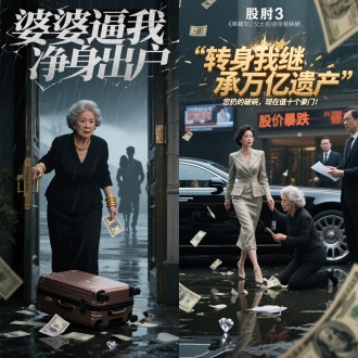 左右分镜对比构图

左侧（压抑区）：

女主被推出豪门大门（行李箱翻倒，婆婆甩支票冷笑），天色阴雨，象征净身出户的屈辱。
细节：婆婆手上戴满金镯，背后站着白眼丈夫和小三（模糊剪影）。
右侧（逆袭区）：

女主身穿高定套装，从加长豪车迈步而下，背后律师团递上遗产文件，婆婆跪地扯她裤脚。
细节：电视新闻播报《神秘万亿女继承人现身》，角落有前夫公司“股价暴跌”的电子屏。
2. 标题文字特效

主标题：
“婆婆逼我净身出户”（灰暗碎裂字体）+ “转身我继承万亿遗产”（鎏金爆破效果）。
副标：“您扔的破碗，现在值十个豪门！”（手写嘲讽体，配钻石掉落动态）。
3. 氛围强化

压抑区：地面污水倒影、撕碎的结婚照。
逆袭区：空中飘洒百元大钞/股权书，女主踩住婆婆掉落的假发（暗讽人设崩塌）。