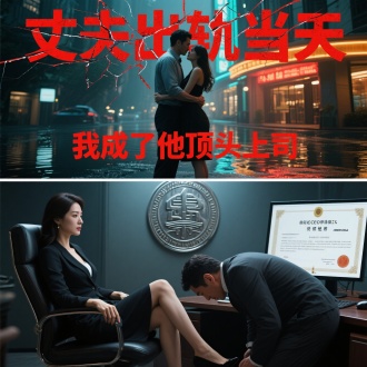  上下分镜对比构图

上部：

丈夫搂着小三的腰走进酒店（动态模糊），
细节：酒店霓虹灯反射在积水里
下部：
女人一身坐在总裁办公室，翘腿冷眼看着面前鞠躬的丈夫
细节：电脑屏幕显示新任CEO任命书
2. 标题文字特效

主标题：
“丈夫出轨当天”（红色碎裂字体） + “我成了他顶头上司”（金属质感，背景带集团印章压纹）。