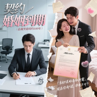 1. 左右对比构图

左侧：
高冷总裁西装笔挺，面无表情递出结婚协议，女主低头签字，背景是冰冷的办公室
细节：协议特写"期限1年"，桌上摆着计时器
右侧：
同一总裁从背后抱住女主，把续约合同硬塞进她手里，背景变成温馨的卧室
细节：新合同写着"期限100年"，地上散落用过的纸巾
2. 标题艺术设计

主标题：
“契约婚姻到期”（冷灰色机械字体）
“总裁哭着续约100年”（粉金色渐变，带心形泡泡特效）
女的在微笑，男的在哭泣
副标题：
"当初说好各取所需，现在你却说非我不可？"（手写体，背景是撕碎的旧合同）