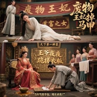 上下对比构图 ，上部： 女人穿着素衣被推倒在地，男人冷眼旁观，背景是"废物王妃"的横幅 ，细节：地上药碗洒出汤汁 下部： 女主凤冠霞帔高坐着主位，俯视战神王爷，男人正可怜巴巴跪在搓衣板上 细节：墙上挂着"天下第一神医""首富之女"等金字牌匾，丫鬟们偷笑围观 2. 标题艺术设计 主标题： “废物王妃掉马甲”（灰旧布帛撕裂效果） “王爷夜夜跪搓衣板”（鎏金浮雕带搓衣板纹理） 副标题： "当年骂我草包，现在求我？"