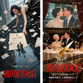 左右分镜对比构图
左侧：
女主坠楼瞬间，闺蜜在顶楼冷笑松手，飘落的遗嘱上写着"全部财产由闺蜜继承"
细节：地面倒映出闺蜜和未婚夫拥吻的影子
右侧（重生复仇）：
同一女主在豪华宴会上当众撕碎闺蜜的获奖剧本，身后大屏幕同步播放闺蜜下毒录像
细节：闺蜜假发脱落露出秃头（化疗副作用），未婚夫正慌张吞下女主调包的毒酒
2. 标题艺术设计

主标题：
“被闺蜜害死后”（红色字体带玻璃裂纹）
'我重生撕了她剧本"（镀金刀锋效果，背景是碎纸纷飞）
副标题：
"谢谢你的陷害，让我解锁影后人生"（电影胶片边框字