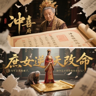 上下分镜对比设计
上部：
一位老太婆盛气凌人，（婚书特写"冲喜侯府"四字）
下部：
一位年轻的女人凤冠霞帔高大的身影，站立面无表情，脚下踩着侯府御赐金册，一位老太婆披头散发跪地难受
2. 标题特效
主标题字体：
"庶女逆天改命"（青铜变鎏金的动态字体）
“嫡母哭求我高抬贵手”（背景是撕碎的族谱）
副标："您当年让我嫁瘫子，如今怎不求我救您亲女儿？"