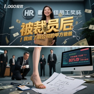 上下分镜对比设计
上部：
女主抱着纸箱站在公司LOGO下，背后是HR假惺惺的笑脸
细节：纸箱里露出"最佳员工奖杯"，地上扔着被踩碎的工作证
下部：
同一女主踩着前司投标书，身后跟着保镖和律师团
细节：前老板跪着递咖啡，电脑屏幕显示"中标金额：9位数"
2. 标题特效

主标题：
"被裁员后"（撕裂的劳动合同效果）
"我成了前公司的甲方爸爸"（烫金立体字带钞票底纹）
副标："听说你们最近资金紧张？那先付80%预付款吧"（招标文件手写体）