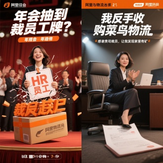左右分镜对比设计
左侧：
女主站在年会舞台上，手中举着「裁员工牌」特写（背景是HR假笑鼓掌）
右侧:
同一女主坐在菜鸟物流董事长办公室，脚下踩着阿里收购协议
2. 标题特效

主标题：
"年会抽到裁员工牌？"（破碎工牌效果+闪光灯照射）
“我反手收购菜鸟物流”（快递箱立体字，胶带是阿里橙色）
副标："感谢贵司裁员，让我发现家里有矿"（股权书手写体）