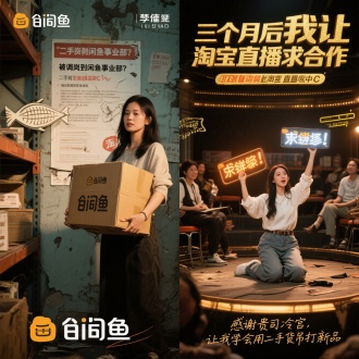 左侧:
 女主抱着纸箱站在闲鱼LOGO破旧仓库，墙上贴着「二手货处理原则」公告
右侧:
 同一女主坐在淘宝直播中心C位，李佳琦举着「求连麦」灯牌跪在台下
2. 标题暴力美学
左侧
"被调岗到闲鱼事业部？"（撕裂的调岗文件+咸鱼骨特效）
右侧：
"三个月后我让淘宝直播求合作"（黄金字体带直播弹幕底纹）

✨ 副标题
"感谢贵司冷宫，让我学会用二手货吊打新品"（交易记录手写体）