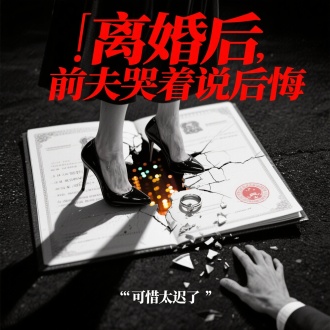 主标题：“离婚后，前夫哭着说后悔”
画面中心：一本被撕开的结婚证，裂缝中透出都市灯光
上方：女主高跟鞋踩碎婚戒（象征解脱）
下方：前夫的手试图抓住飘落的碎片，配文“可惜太迟了”
色调：黑白背景+鲜红标题