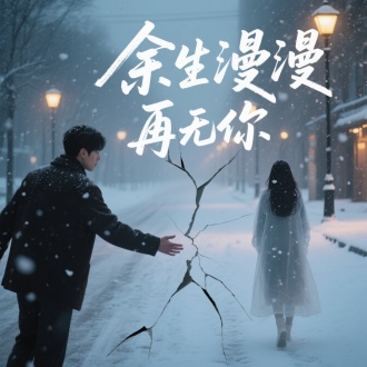 背景：冬日飘雪的无人街道，街灯昏黄（象征回忆的温暖与现实的冰冷）。
中心构图：
左侧：男主伸手想抓住什么，
右侧：女主透明虚化的背影渐行渐远，雪花穿过她的身体。
标题设计：毛笔字撕裂效果，“余生漫漫”与“再无你”中间加一道灰色裂痕。