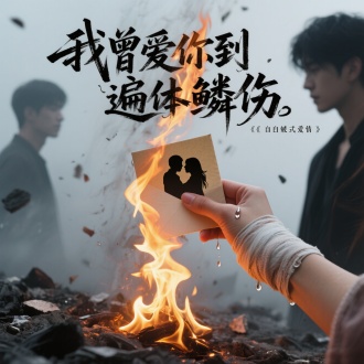 画面：一只女性手捏着燃烧的情书，火焰中浮现过去拥抱的剪影。
细节：
手腕缠着绷带，泪珠滴落火中（自毁式爱情）。
背景灰烬飘散，隐约露出男主的冷淡侧脸。
标题排版：火焰上方用焦黑扭曲字体，仿佛被火灼烧过。字体：“我曾爱你到遍体鳞伤”