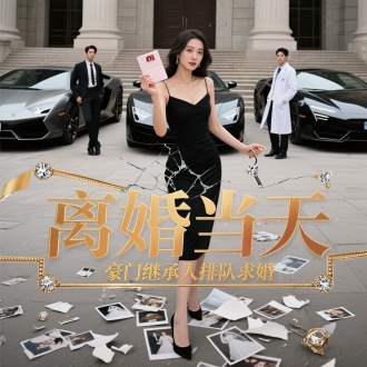 背景：法院台阶（象征离婚场景），地面散落撕碎的结婚照。
C位女主：
穿修身黑裙踩碎婚戒，左手甩离婚证，右手接住空中落下的钻石钥匙。
背后三辆顶级豪车，车门边倚着风格迥异的美男（冷峻总裁/痞气富二代/温柔医生）。
标题设计：
“离婚当天”用碎裂效果，“豪门继承人排队求婚”用鎏金渐变+钻石边框。占据封面50%