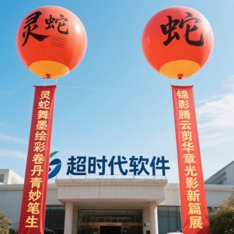 一对高空气球拉下条幅
上联字“灵蛇舞墨绘彩卷丹青妙笔生 ”
下联字“锦影腾云剪华章光影新篇展 ”
中间公司大字“超时代软件”