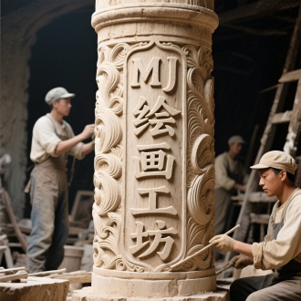 古代工人雕刻现场，一根大柱子上面刻着“MJ绘画工坊”