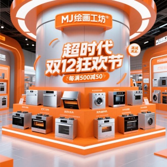 主题:绘画工坊双 12促销活动，打造“MJ绘画工坊”概念，展示多款厨房电器产品，通过满减优惠吸引消费者。视觉元素:以橙色为主色调，搭配银色电器，营造出活力、现代感。构建类似科技馆的立体展示台，将超时代厨房电器有序陈列其上，如远红外加热产品、双热源加热产品等，体现科技感与专业性。顶部有活动标识，画面中间标题:“超时代双12狂欢节"以大号立体字突出活动主题。“每满500减50”旁强调优惠力度。