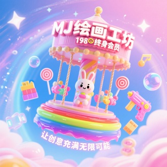 C4D柔体动力学建模，悬
浮的彩虹软糖旋转木马，中
央乘坐品牌IP太空兔宝宝，
环绕发光棒棒糖、像素积
木、全息泡泡枪，背景粉蓝
渐变叠加星云光晕，主标题"MJ绘画工坊 "/"198终身会员"
采用果冻弹跳字体，底部飘
浮副标题"让创意充满无限可能"，主体糖浆材质随音
乐律动变形，