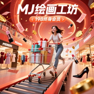 科技感，有活力的广告图，图片上方醒目位置文字写着"MJ绘画工坊 "/"198终身会员" 3d
风格，电商海报，冲击抬头角度，一个美妆和衣服的商场，一个穿着休闲
装的女孩，推着购物车，购物车里装着一些礼物盒和购买的商品，周围飘
着优惠券和金币，红橙色调，底部是传送带，传送带两旁是商铺，背景是
节日氛围的漩涡，周围飘散着一些化妆品和衣服，口红，裙子，高跟鞋，